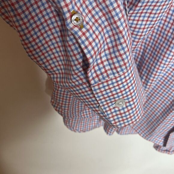 J McLaughlin Button Up Microplaid Shirt Red White Blue Mens L Preppy Americana - Picture 3 of 8